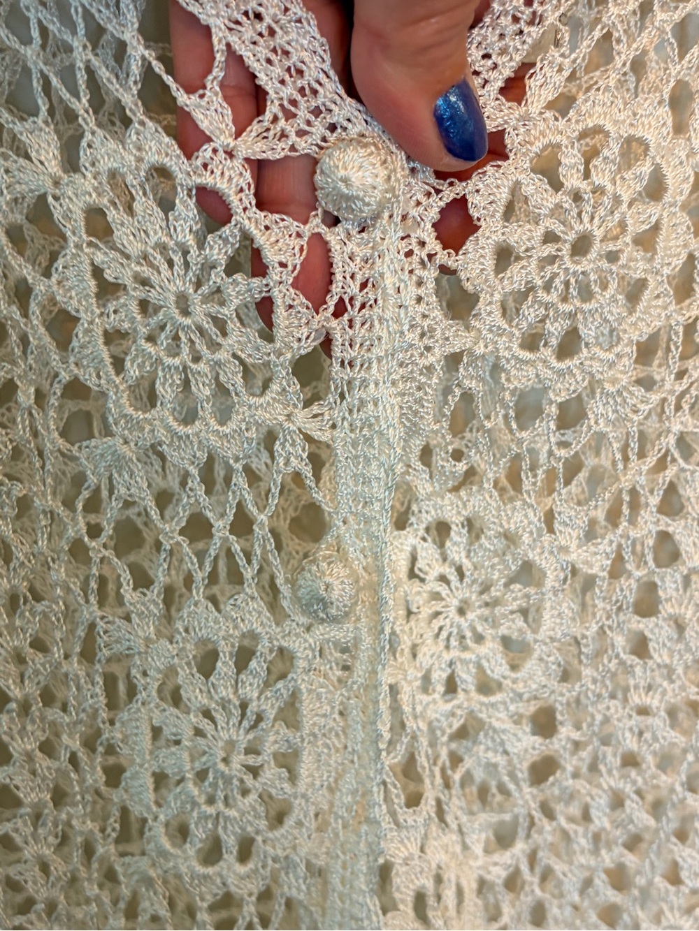 Boho Crochet Duster Cardigan Cream Open Knit Button Front Beachy Resortwear - Picture 4 of 7